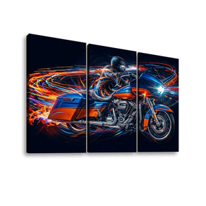 A three-panel canvas wall art print depicting a blue and orange Road Glide type motorcycle with a rider, surrounded by glowing neon light trails in orange, yellow, and white against a dark background.