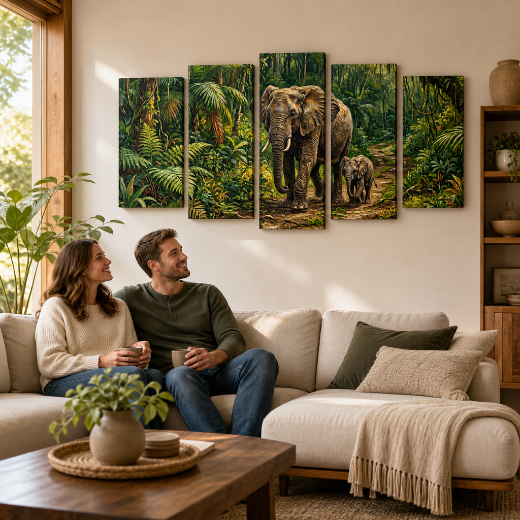 A five-panel canvas wall art set depicting a jungle scene with an elephant and a calf, displayed above a beige sectional sofa in a modern living room setting with a couple sitting underneath.