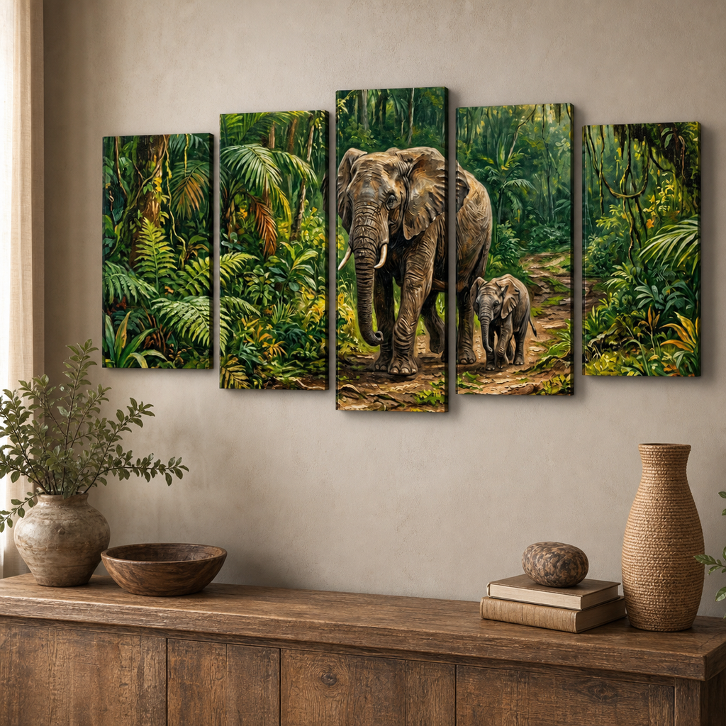 A five-panel canvas wall art set depicting a mother elephant and her calf walking through a lush green jungle, displayed on a beige wall above a wooden console table with decorative items.