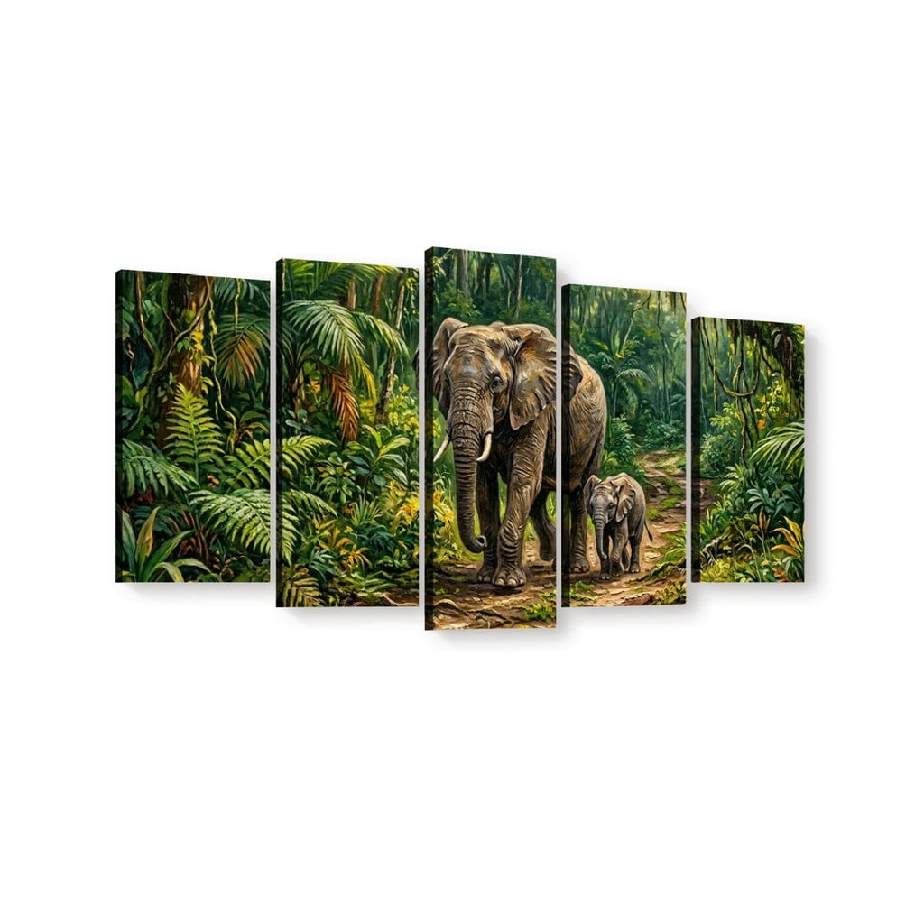 Five-panel canvas wall art showing an elephant and a baby elephant walking through a lush green jungle, displayed against a plain white background.