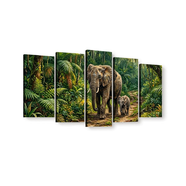 Five-panel canvas wall art showing an elephant and a baby elephant walking through a lush green jungle, displayed against a plain white background.