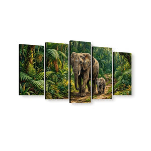 Five-panel canvas wall art showing an elephant and a baby elephant walking through a lush green jungle, displayed against a plain white background.