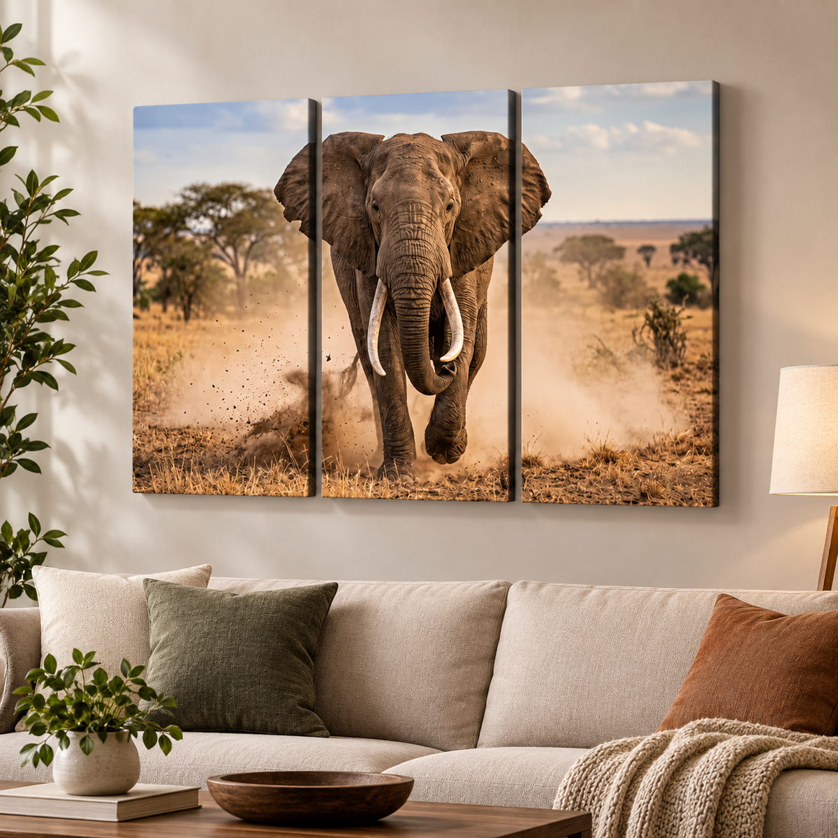 Majestic Elephant Charging Through Savanna 1, 3, 5-Panel Split Canvas Wall Art