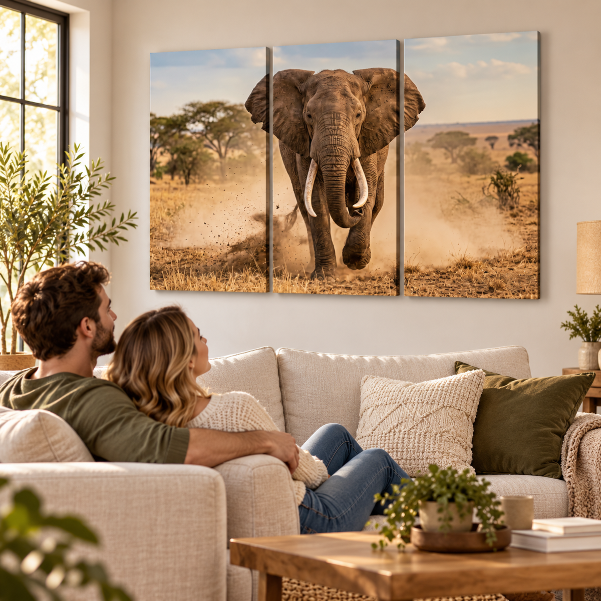Majestic Elephant Charging Through Savanna 1, 3, 5-Panel Split Canvas Wall Art