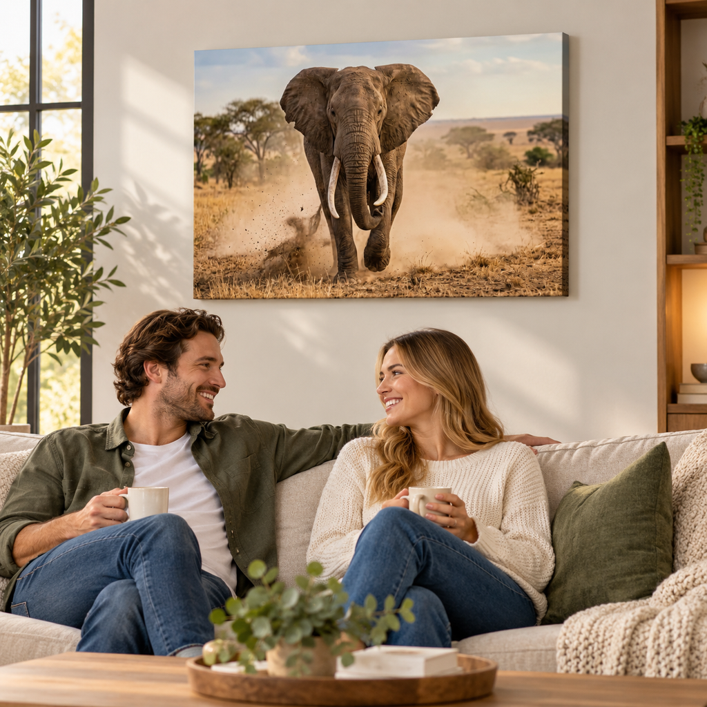 Majestic Elephant Charging Through Savanna 1, 3, 5-Panel Split Canvas Wall Art