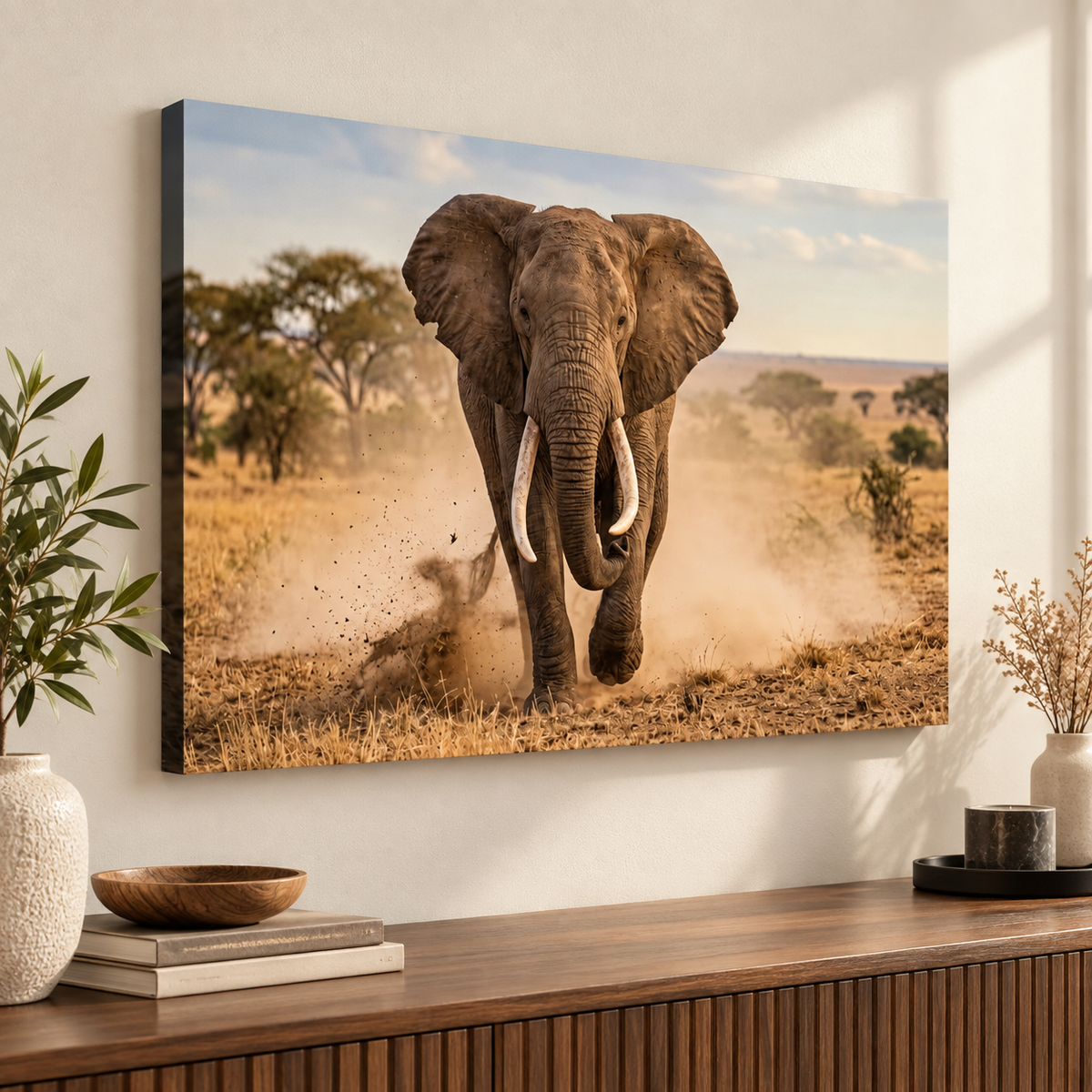 Majestic Elephant Charging Through Savanna 1, 3, 5-Panel Split Canvas Wall Art