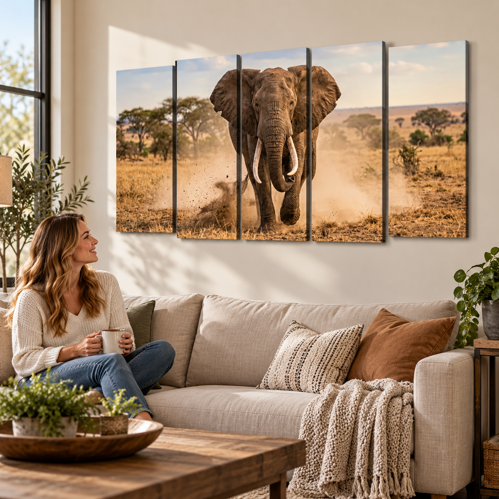 Majestic Elephant Charging Through Savanna 1, 3, 5-Panel Split Canvas Wall Art