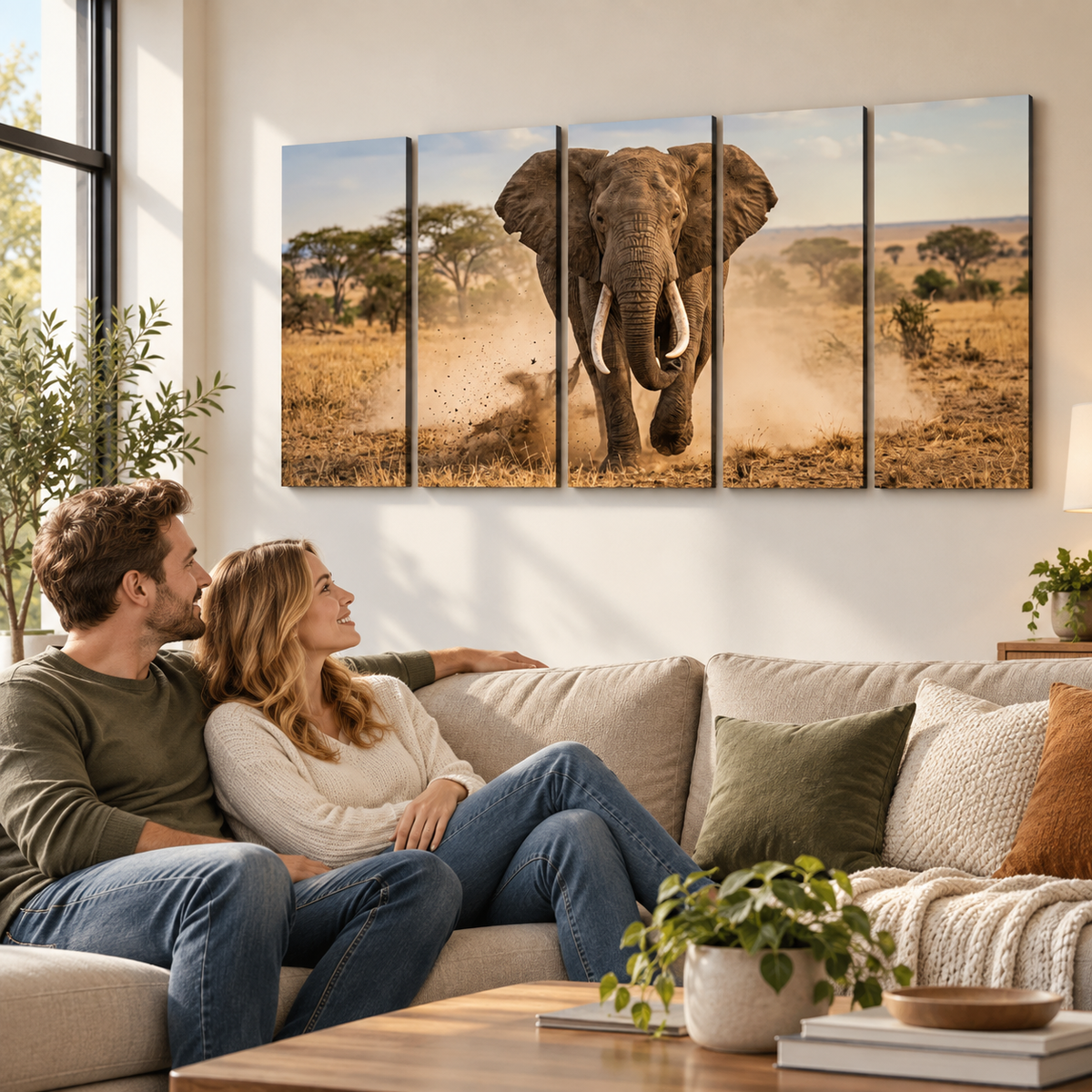 Majestic Elephant Charging Through Savanna 1, 3, 5-Panel Split Canvas Wall Art