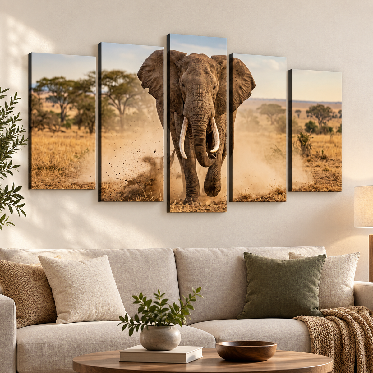 Majestic Elephant Charging Through Savanna 1, 3, 5-Panel Split Canvas Wall Art