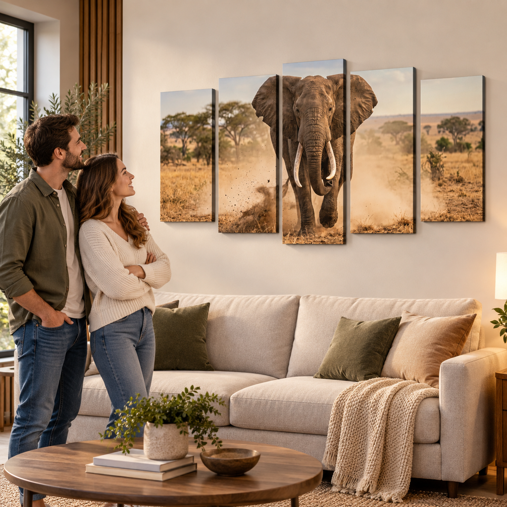 Majestic Elephant Charging Through Savanna 1, 3, 5-Panel Split Canvas Wall Art