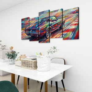 A five-panel canvas wall art set depicting a colorful, abstract-style 1967 Ford Mustang Fastback classic car on a road, displayed on a white wall above a dining table in a modern room setting.