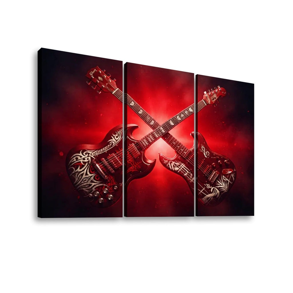 Three-panel canvas wall art showing two crossed electric guitars with white tribal-style graphics on a dramatic red and black background, displayed against a light gray wall.