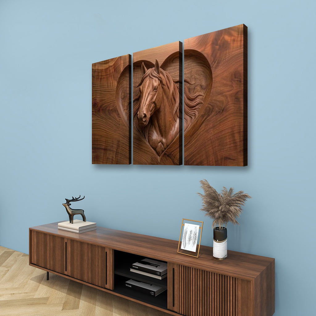 Wood Sculpture Horse Head with Heart 5-Panel Canvas Wall Art