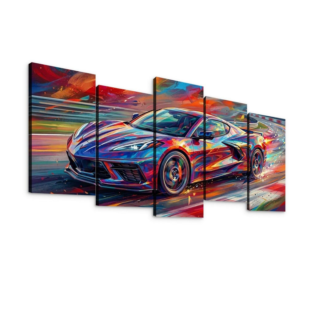 A five-panel canvas wall art set depicting a colorful, abstract-style Corvette sports car in motion on a white background.