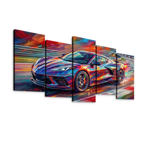A five-panel canvas wall art set depicting a colorful, abstract-style Corvette sports car in motion on a white background.