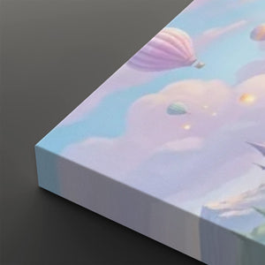 A close-up of a canvas print showing a pastel sky scene with soft clouds, hot air balloons, and small glowing stars, photographed against a dark gray background.