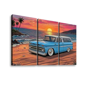 A three-panel canvas wall art print depicting a retro 1966 Chevy Suburban blue station wagon parked on a sandy beach at sunset, with palm trees, ocean waves, and a warm orange sky.