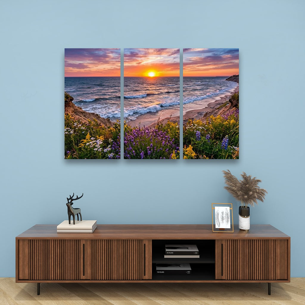Lake Michigan Bluff at Sunset with Lavender Flowers  – 1, 3, 5-Panel Split Canvas Wall Art
