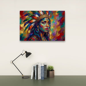 A colorful canvas wall art print depicting a stylized portrait of a woman with feathers and face paint, displayed on a light beige wall above a desk with a black lamp, books, and a small succulent.