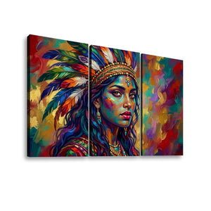 A three-panel canvas wall art set featuring a colorful, stylized portrait of a woman wearing a feathered headdress, shown against a plain white background.