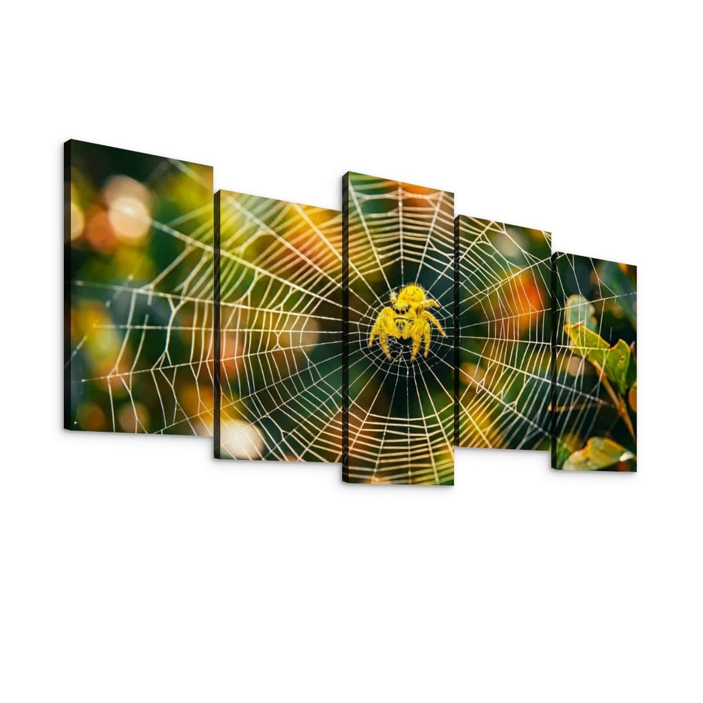 A five-panel canvas wall art set depicting a yellow  jumping spider centered within a detailed spiderweb against a soft, blurred green and orange natural background, shown on a plain white wall.