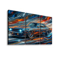 A three-panel canvas wall art set depicting a stylized muscle car in swirling blue 1969  Camaro , orange, red, and black brushstrokes, shown against a plain white background.