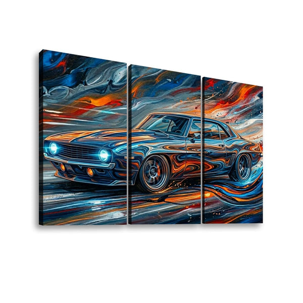 A three-panel canvas wall art set depicting a stylized muscle car in swirling blue 1969  Camaro , orange, red, and black brushstrokes, shown against a plain white background.