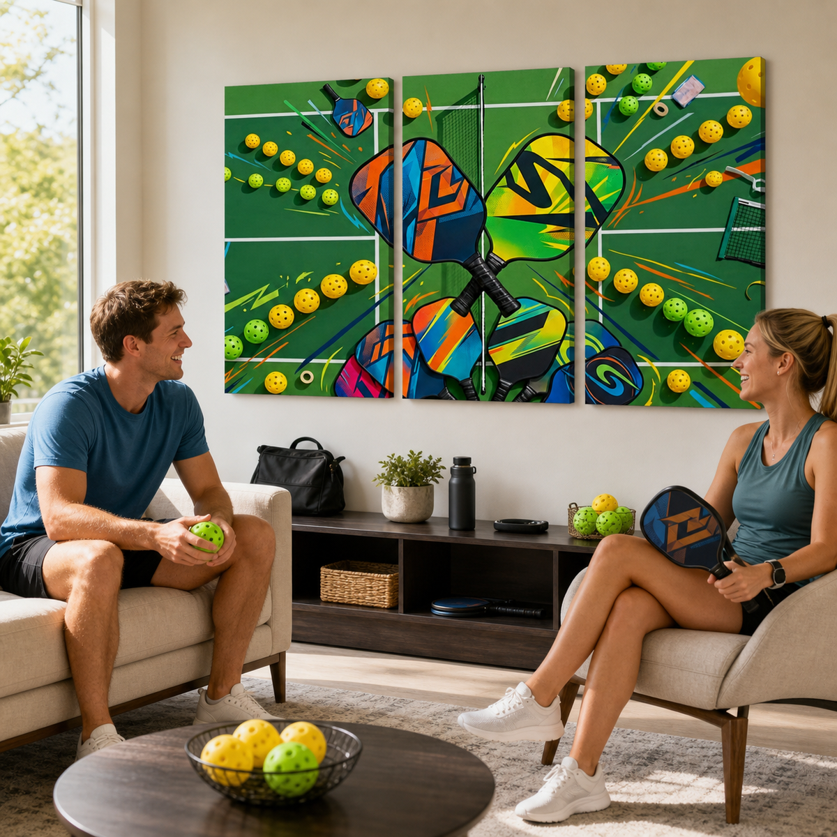 A man and a woman sit on beige armchairs in a bright living room, holding paddle-shaped pickleballs and looking at a large three-panel wall art piece depicting a colorful racquetball court scene.
