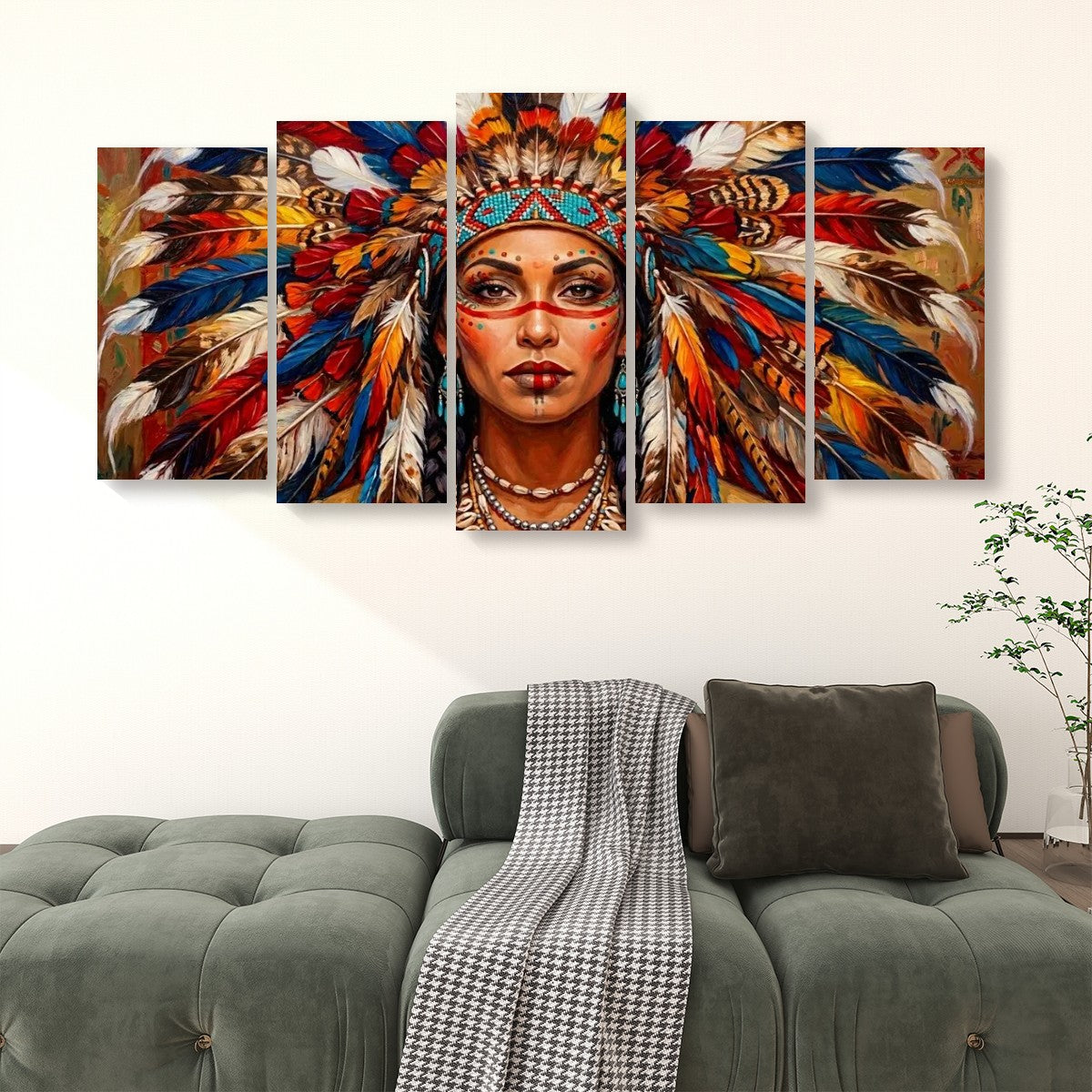 Native American Indian Woman 5-Panel Level Split Canvas Wall Art | Multi-Panel Print