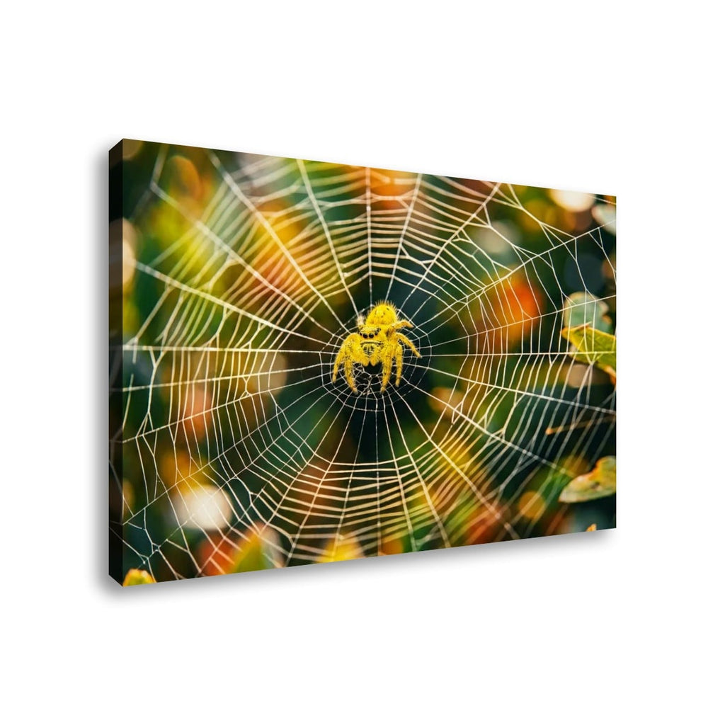 A rectangular wall art print or canvas showing a yellow spider centered within a large spiderweb, photographed against a plain white background with a slight drop shadow.