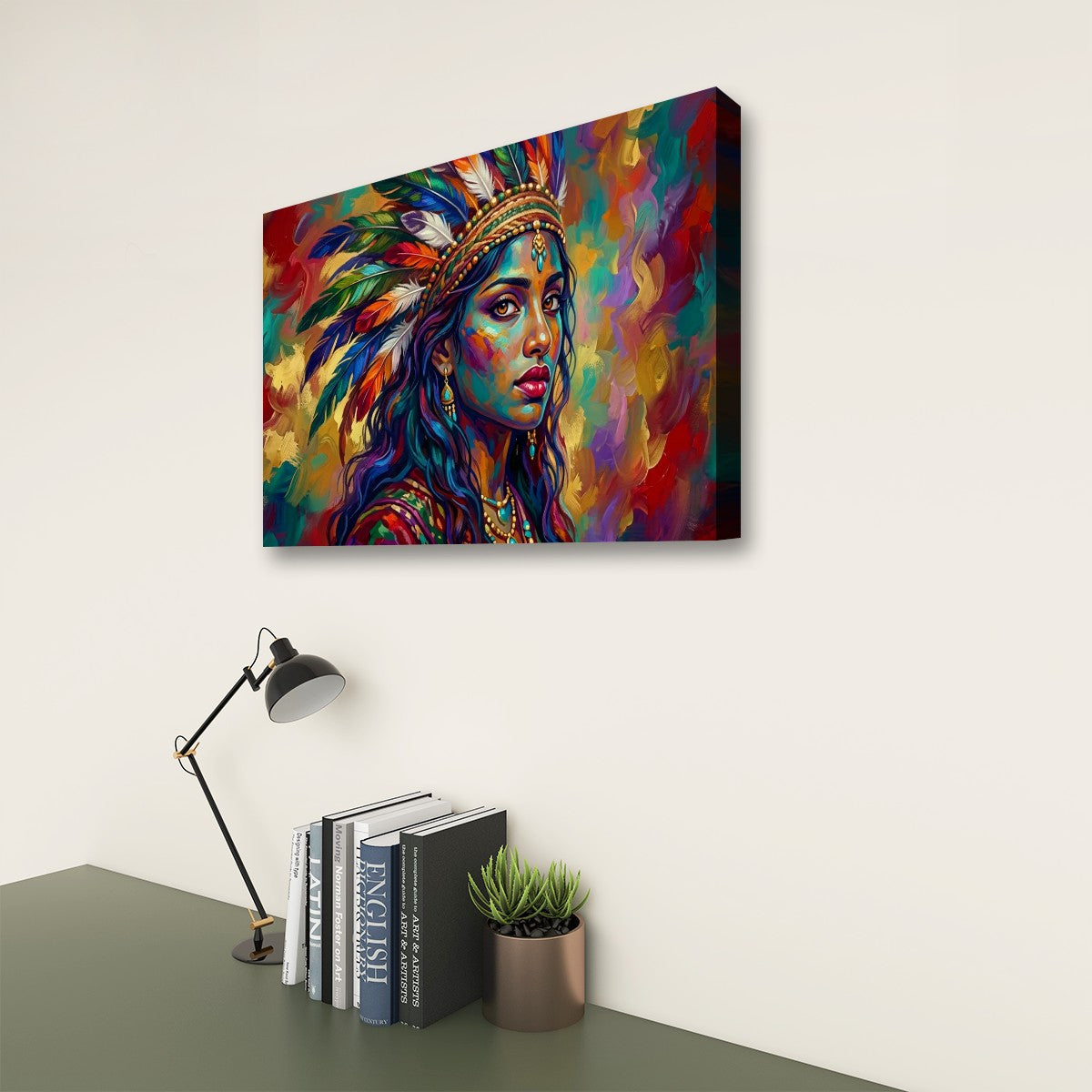 A colorful canvas wall art print depicting a stylized portrait of a woman with a feathered headdress, shown hanging on a light wall above a desk with books, a lamp, and a small plant.