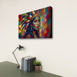 A colorful canvas wall art print depicting a stylized portrait of a woman with a feathered headdress, shown hanging on a light wall above a desk with books, a lamp, and a small plant.