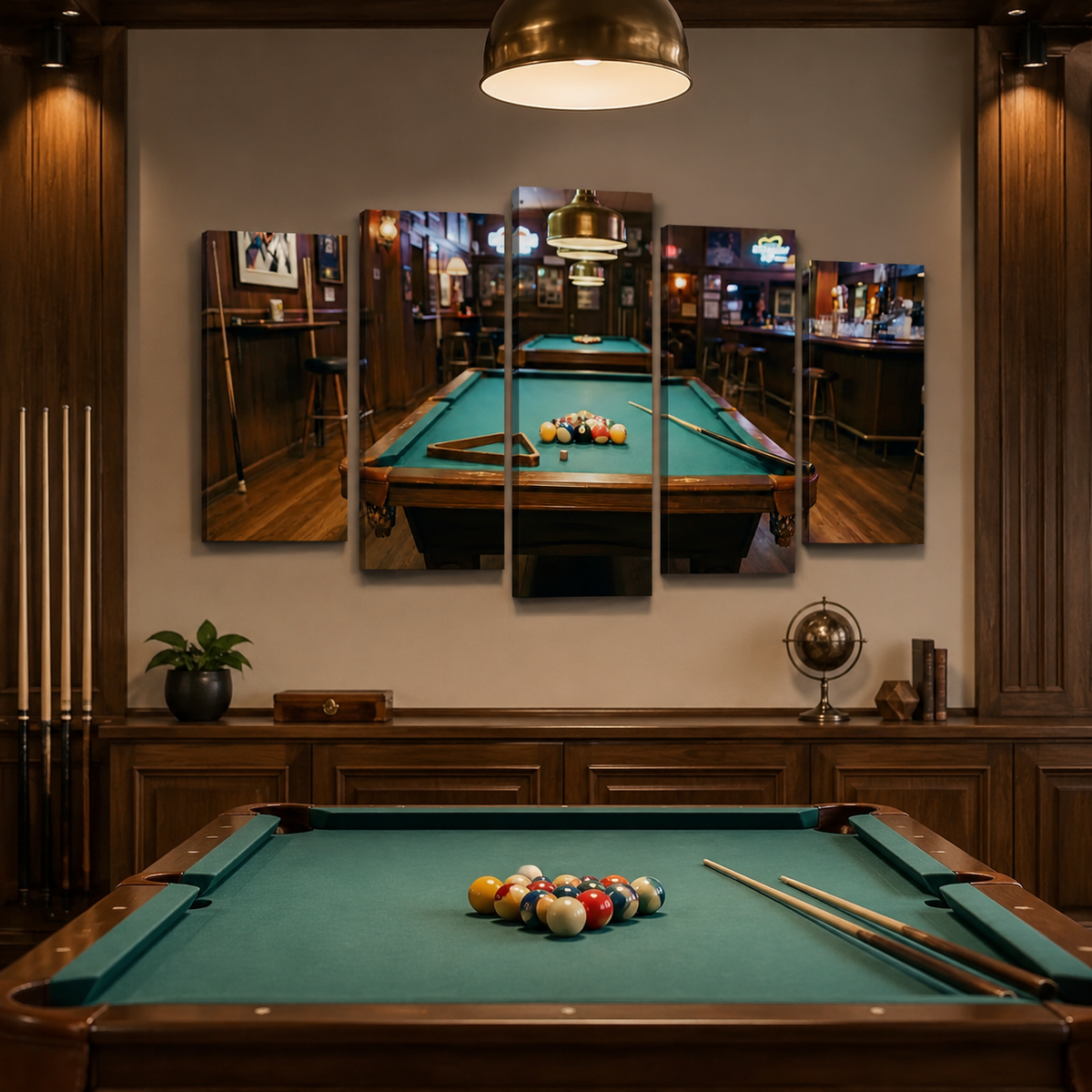 A 5-panel canvas wall art set depicting a classic pool table in a warmly lit bar, displayed on a beige wall above a wooden pool table in a dimly lit room.