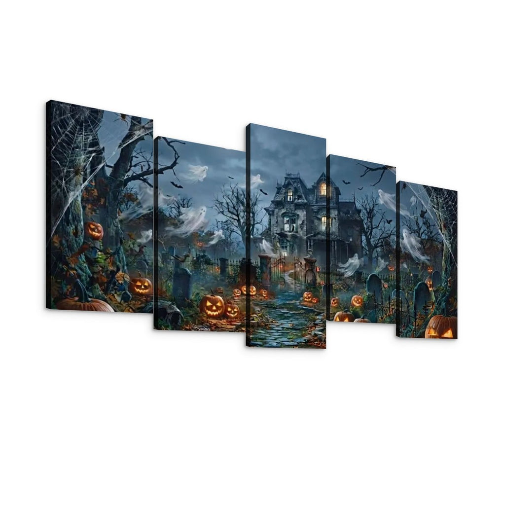 Halloween Haunted House Pumpkins & Moon — 5-Panel Level Canvas Wall Art