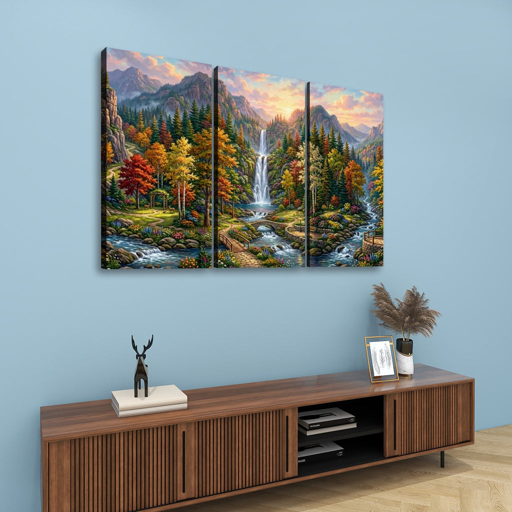 Waterfall Landscape Mountain Multi-Color Scene 5-Panel Canvas Wall Art