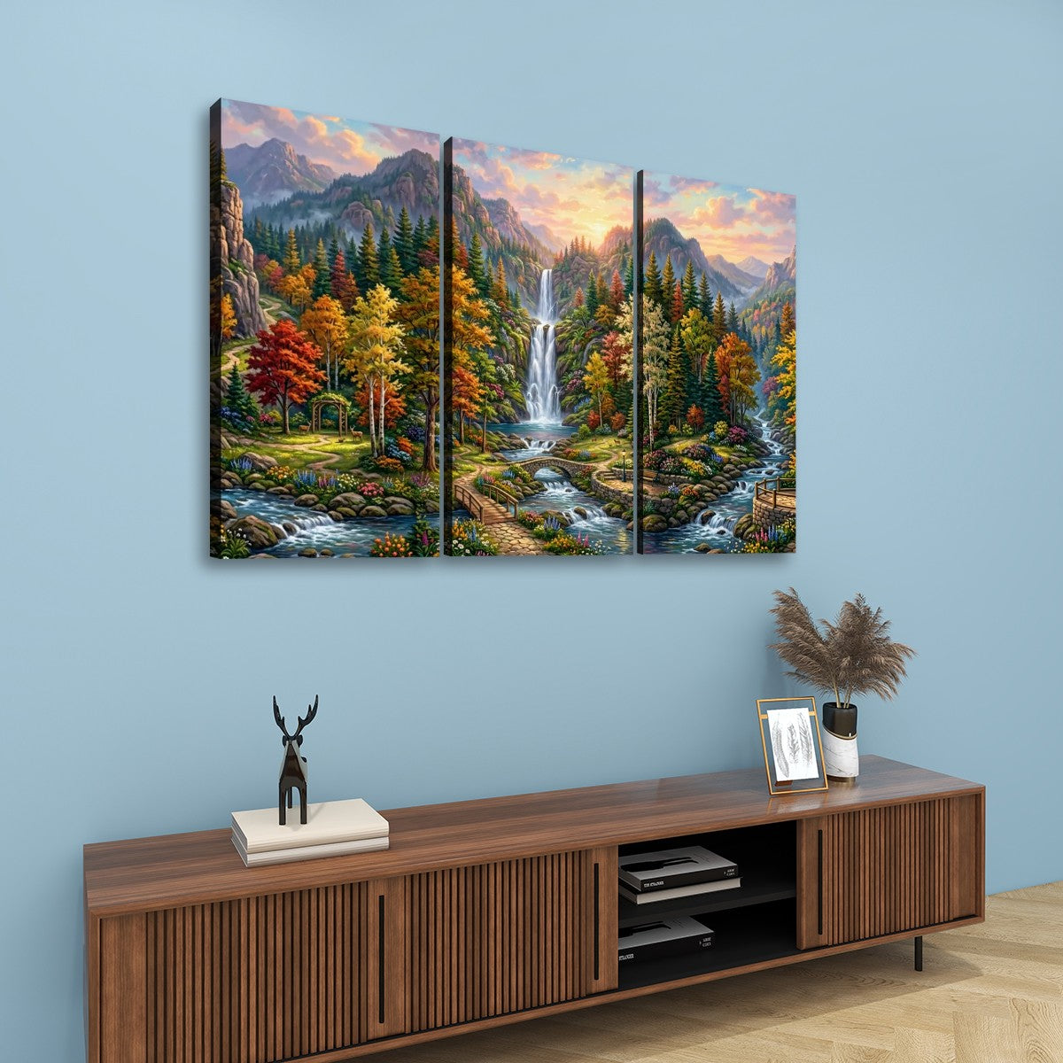 Waterfall Landscape Mountain Multi-Color Scene 5-Panel Canvas Wall Art