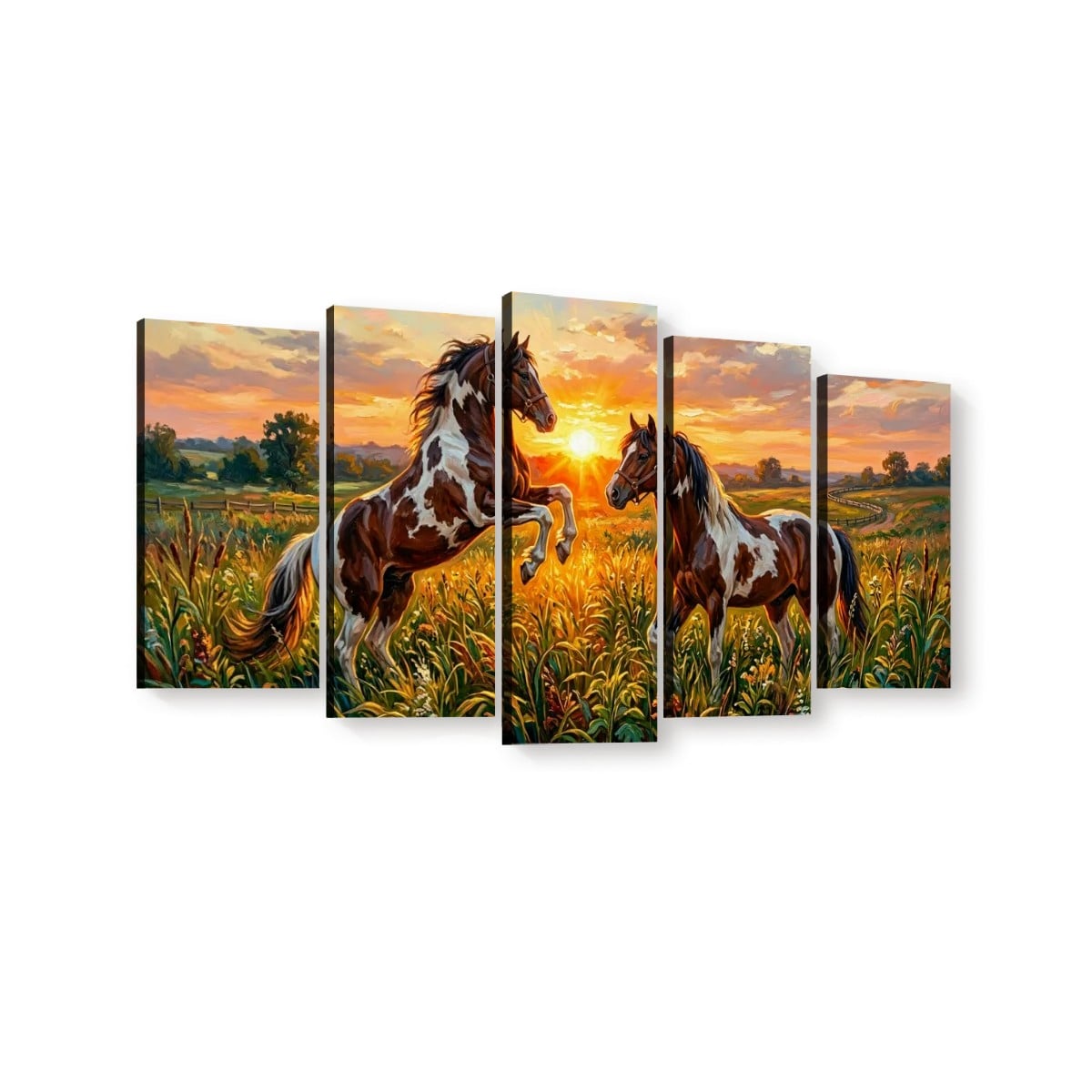 Five-panel canvas wall art showing two brown-and-white horses in a golden field at sunset, displayed against a plain white background.