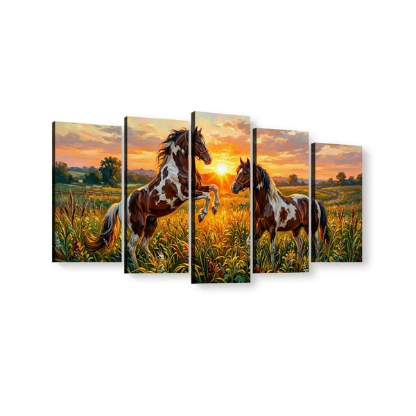 Five-panel canvas wall art showing two brown-and-white horses in a golden field at sunset, displayed against a plain white background.
