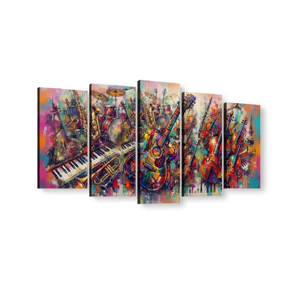 A five-panel canvas wall art set depicting an abstract, colorful painting of musical instruments, including guitars, violins, a piano, and brass instruments, shown against a plain white background.