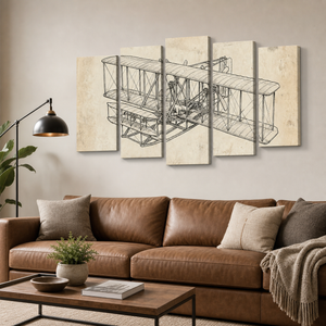 A 5-panel canvas wall art set featuring a vintage biplane sketch, displayed in a modern living room setting above a brown leather sofa.