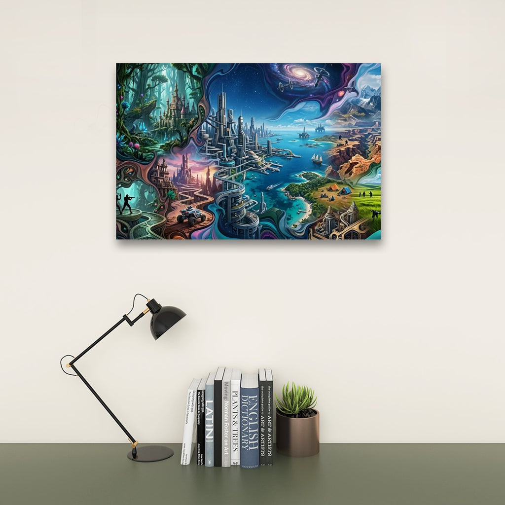 A colorful fantasy landscape canvas print hanging on a light beige wall above a dark green table. The print depicts a whimsical fantasy cityscape with towers, waterways, and glowing magical elements.