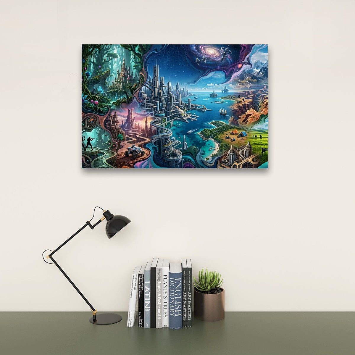 A colorful fantasy landscape canvas print hanging on a light beige wall above a dark green table. The print depicts a whimsical fantasy cityscape with towers, waterways, and glowing magical elements.