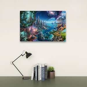 A colorful fantasy landscape canvas print hanging on a light beige wall above a dark green table. The print depicts a whimsical fantasy cityscape with towers, waterways, and glowing magical elements.