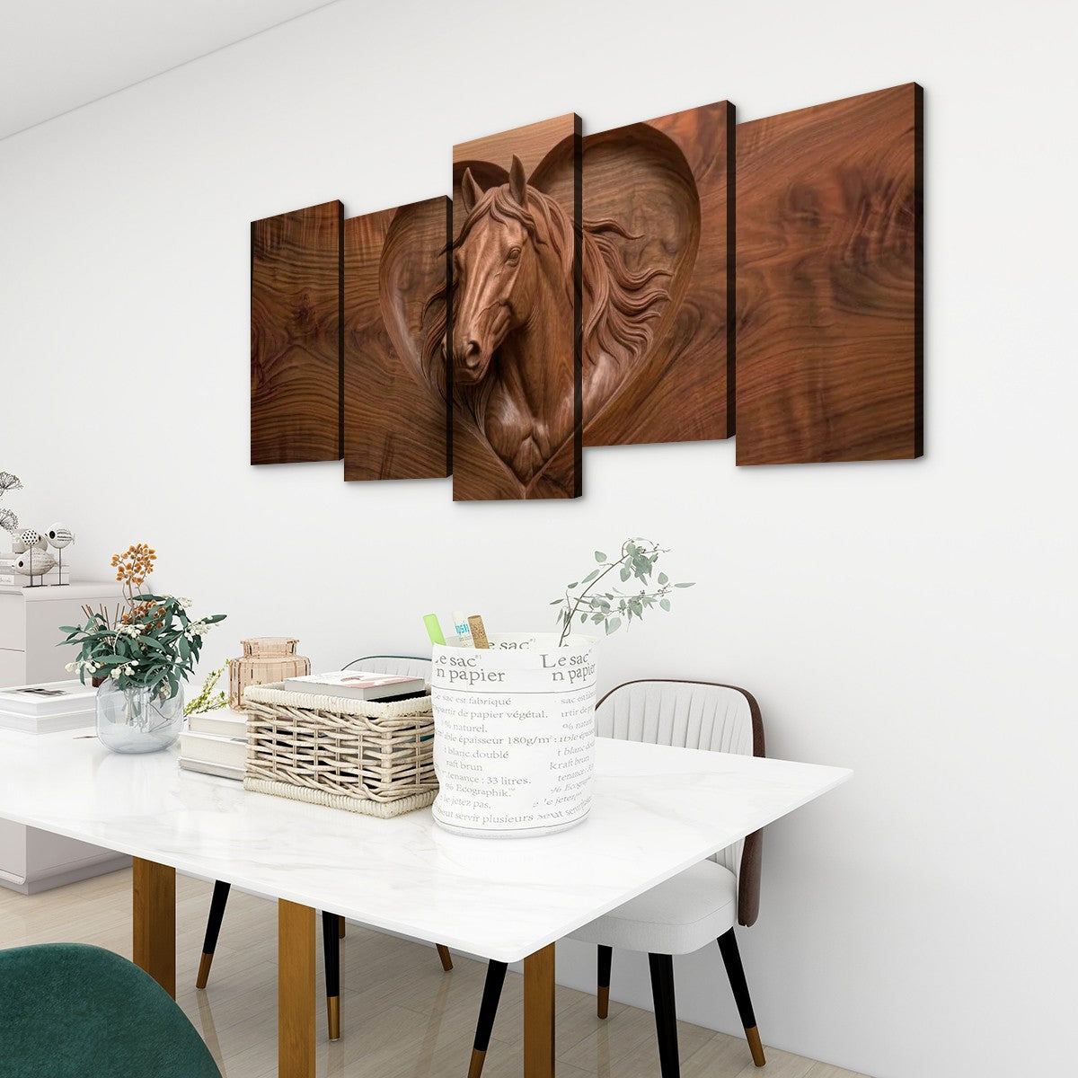 Wood Sculpture Horse Head with Heart 5-Panel Canvas Wall Art