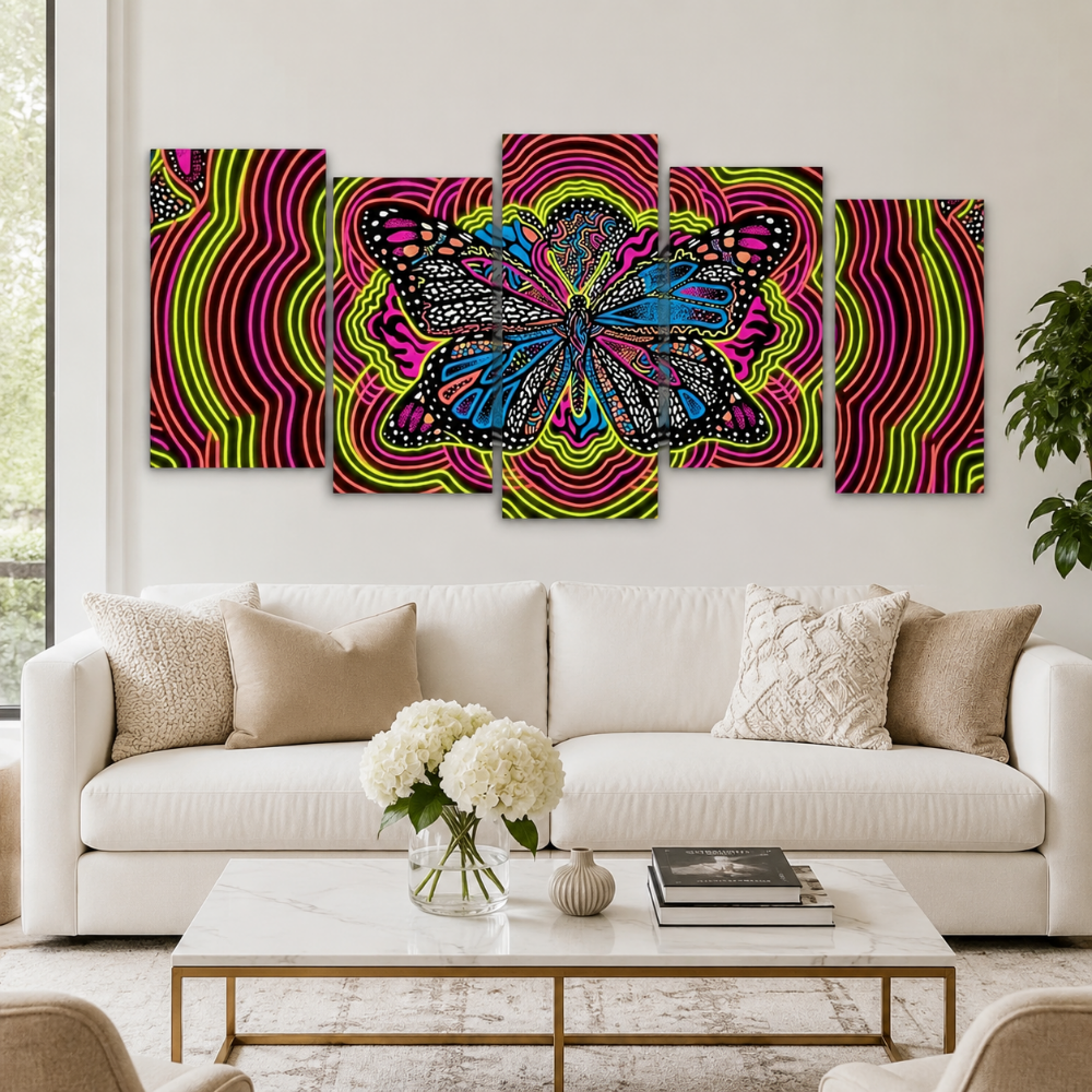 Neon Wings – Psychedelic Butterfly Multi-Panel 3 and 5 Panel Canvas Wall Art
