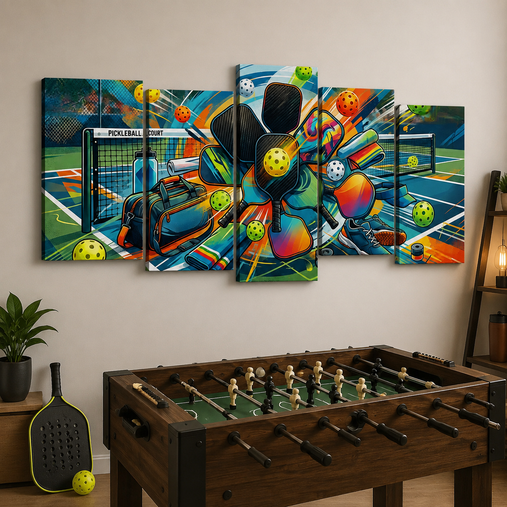 A 5-panel canvas wall art set featuring a colorful, dynamic abstract painting of pickleball players, balls, and nets on a court, displayed on a beige wall above a foosball table and next to a pickleball paddle.