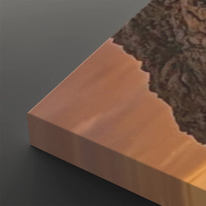 A close-up of a rectangular block or slab with a smooth warm copper-toned face and a rough dark brown textured surface along the cut edge, shown on a dark gray background.