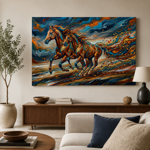 A large rectangular canvas print of two galloping horses in a vivid abstract painting, displayed on a beige wall above a wooden console table in a styled living room.