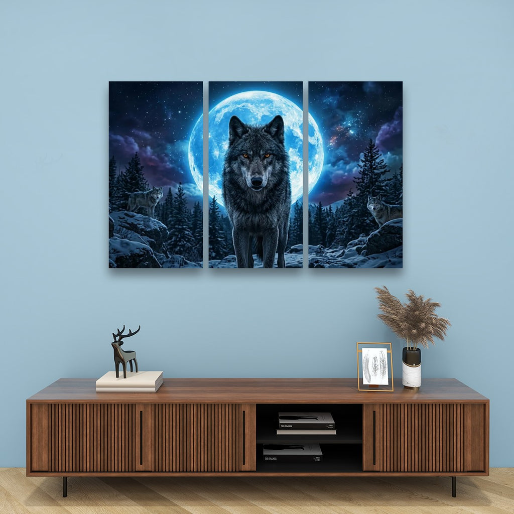 Howling Wolves with Blue Moon — 5-Panel Canvas Wall Art
