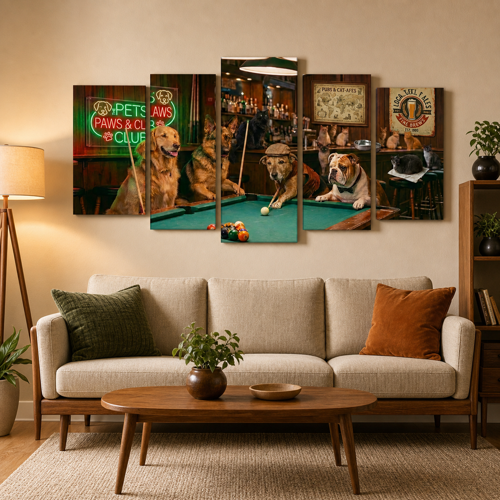 A 5-panel canvas wall art set depicting dogs playing pool in a bar, displayed above a beige sofa in a modern living room setting.